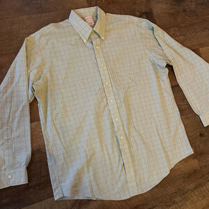 Men's Brooks Brothers Light Green & Blue Plaid Dress Shirt Neck 17